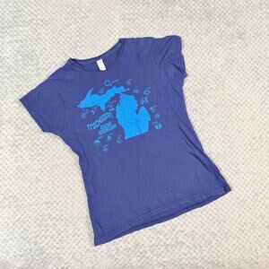 vintage y2k navy blue semi-crop michigan short sleeve babyoll graphic tee tshirt